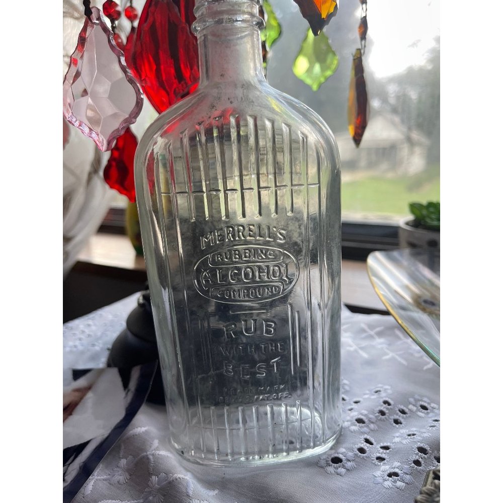Rare find Vintage Bottle, Merrell’s Rubbing Alcohol glass bottle